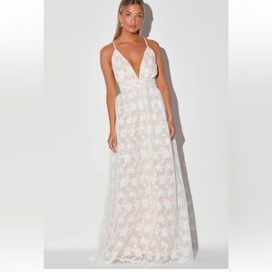 Lulus Ivywood White and Beige Embroidered Lace Backless Maxi Wedding Dress XS